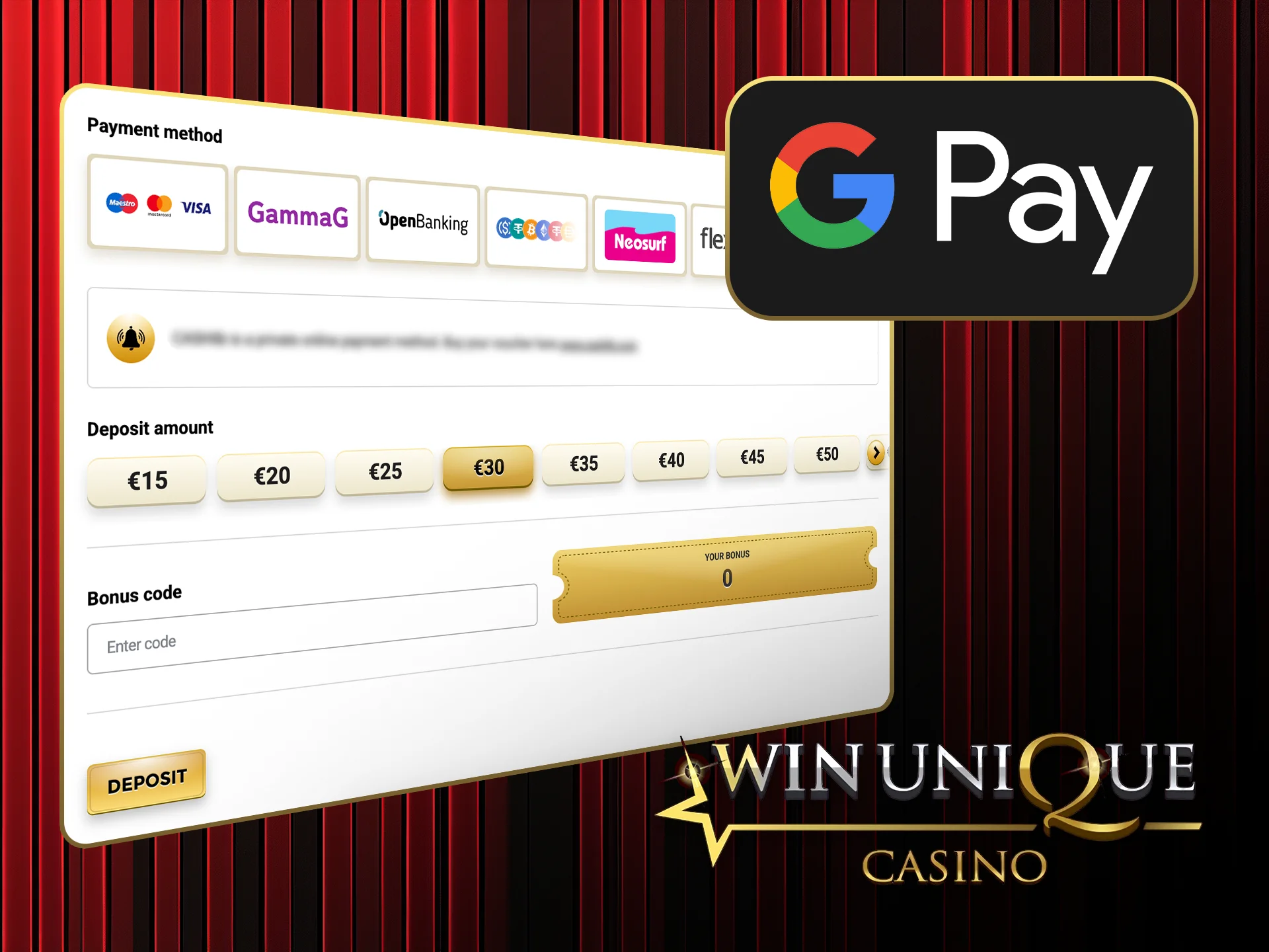 Use Google Pay for fast and secure payments on Win Unique Casino.