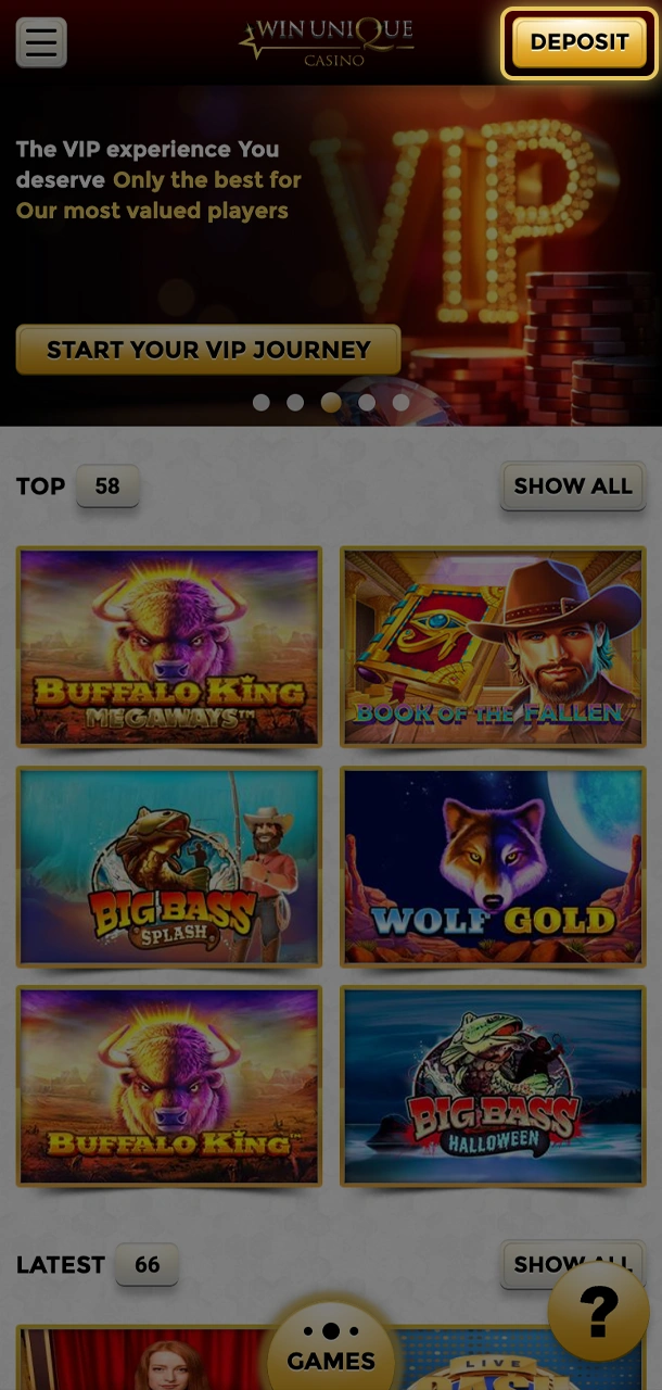 Find the Deposit tab on Win Unique Casino and start the process.
