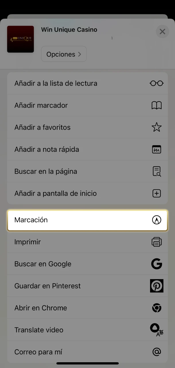 Añade Win Unique Casino a la pantalla de inicio de tu iPhone para un acceso rápido.