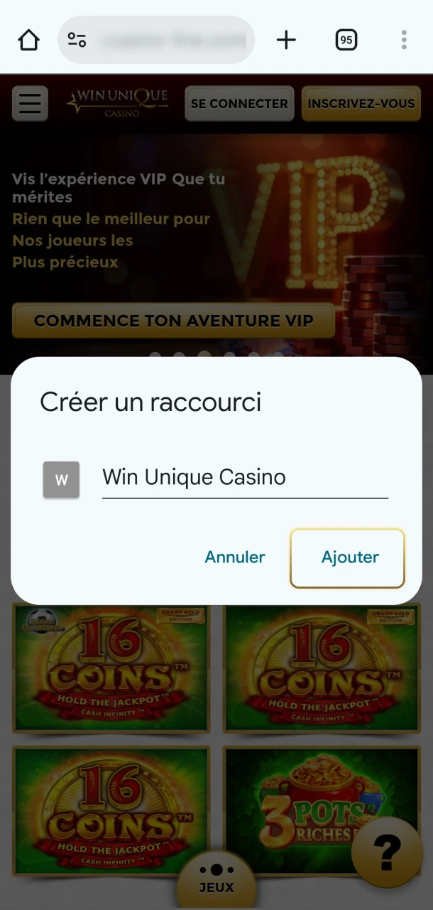 Confirmez l'ajout de l'application Win Unique Casino à votre appareil Android.