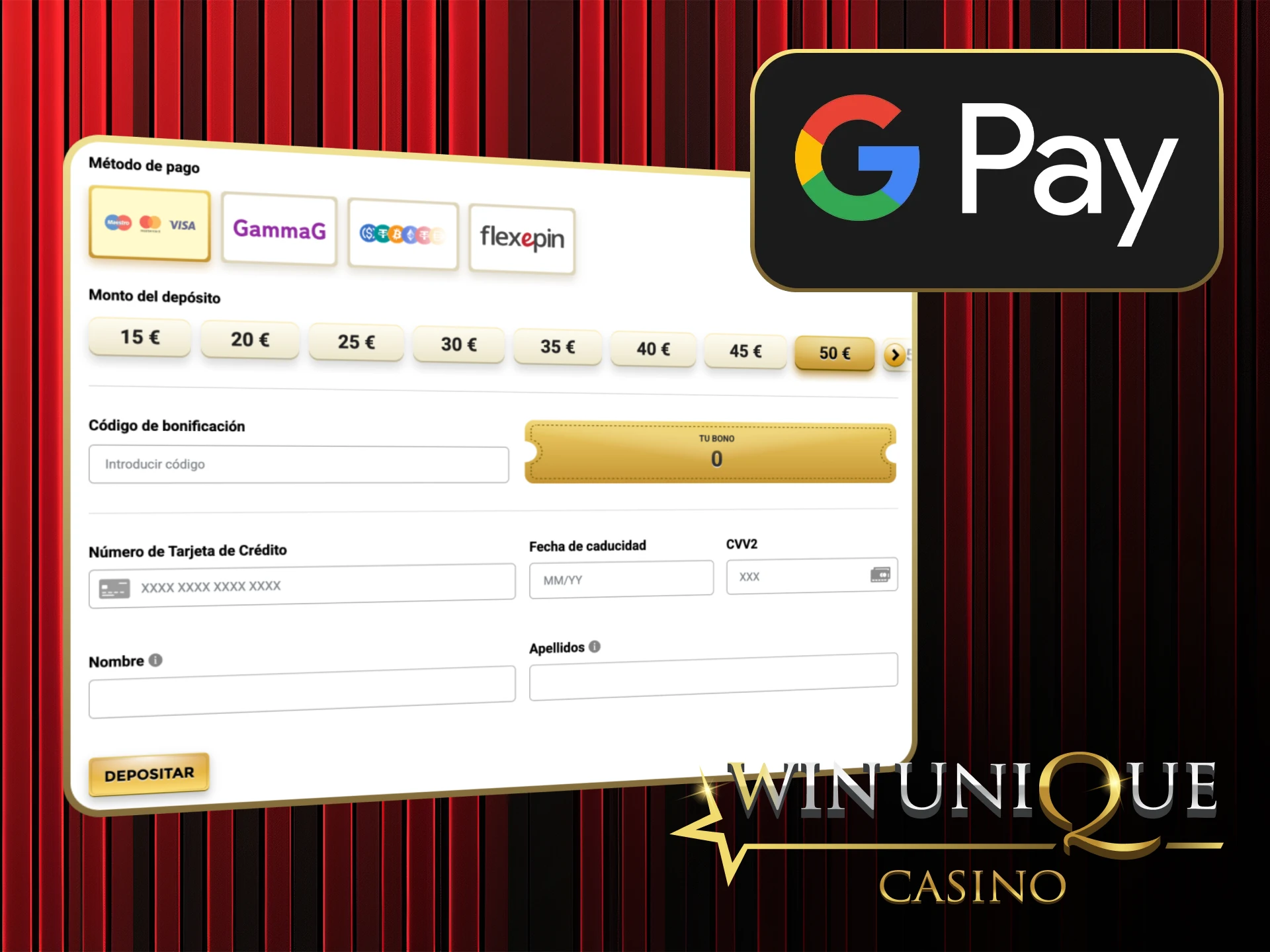 Utilice Google Pay para pagos rápidos y seguros en Win Unique Casino.