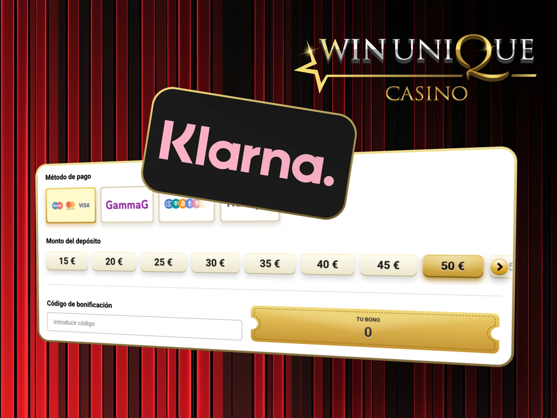 Juega hoy usando Klarna como método de pago en Win Unique Casino.