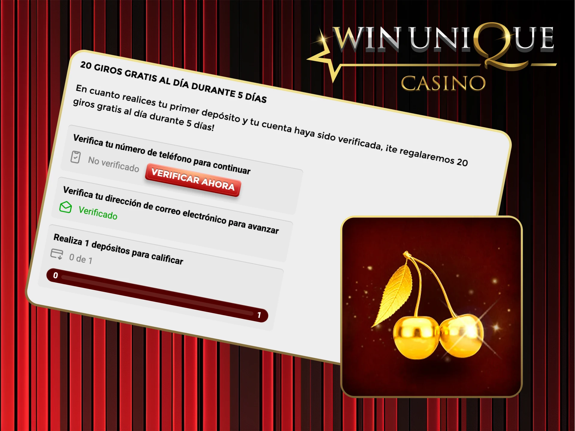 Reclame 20 giros gratis en las mejores tragamonedas en Win Unique Casino ahora.
