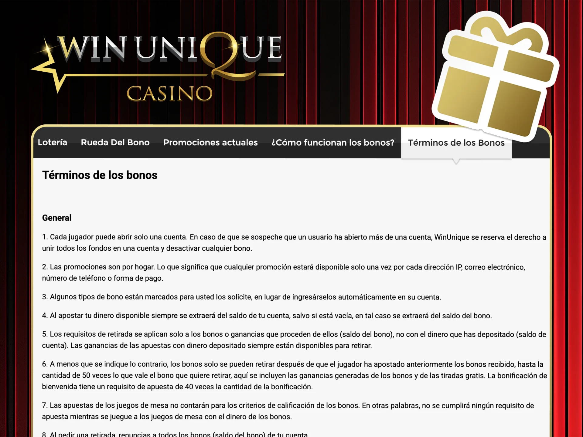 Consulte los términos de bonificación y los requisitos de apuesta antes de jugar en Win Unique Casino.