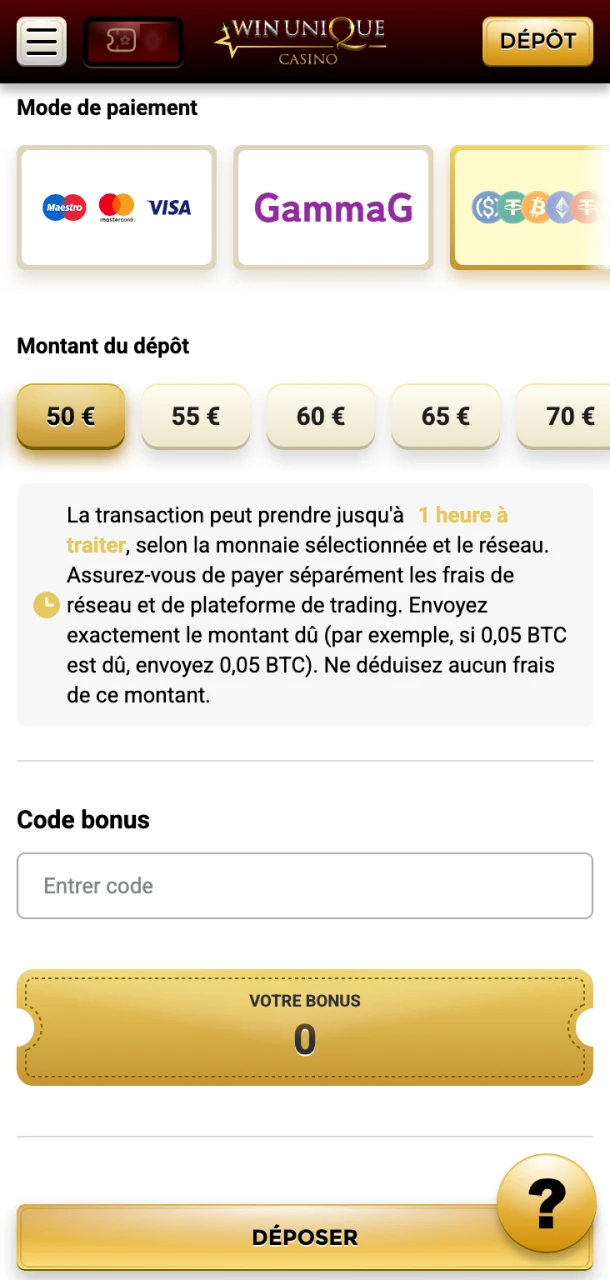 Effectuez votre premier dépôt sur Win Unique Casino et recevez un bonus.