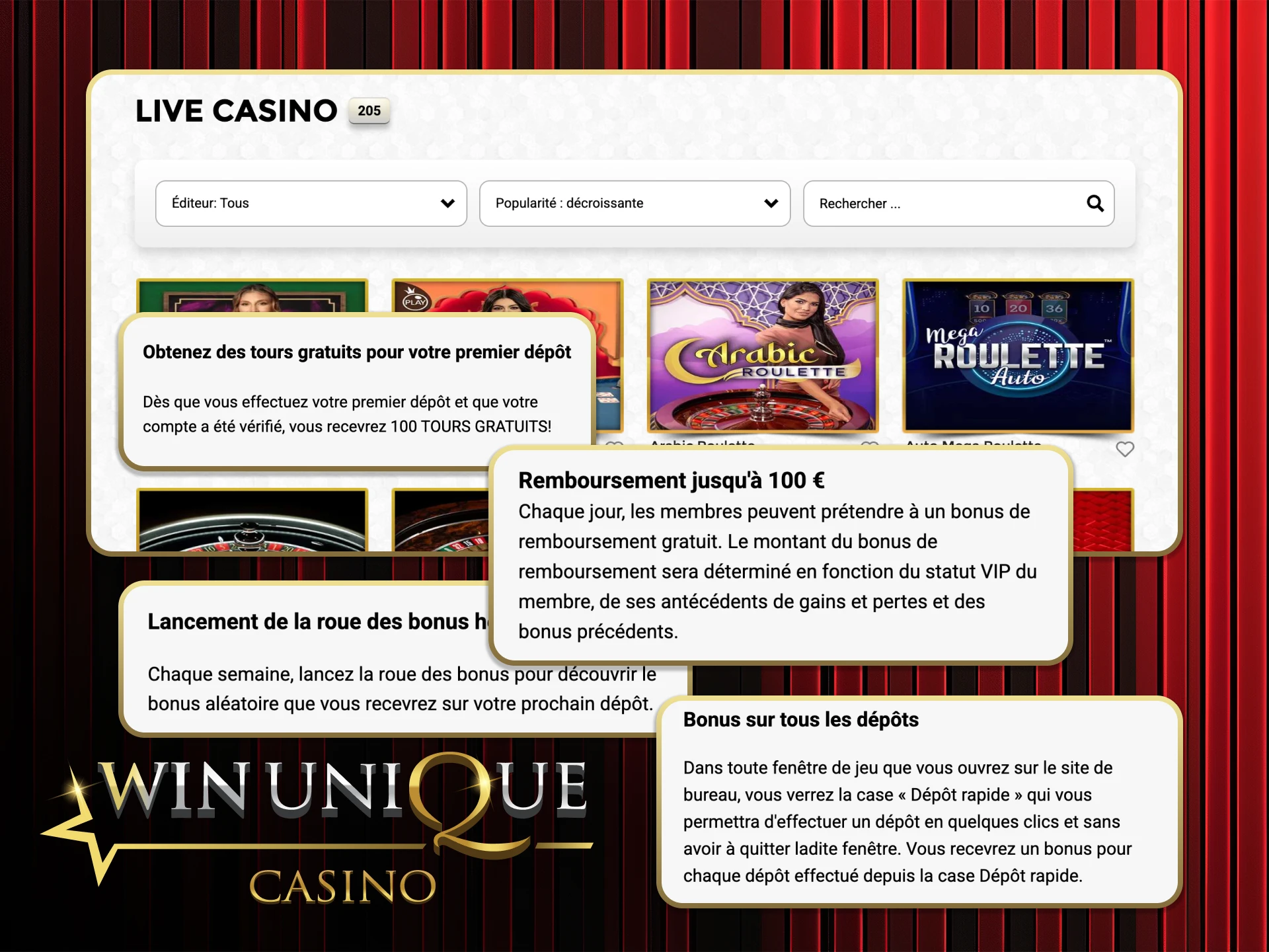 Réclamez des bonus de casino en direct et améliorez votre jeu sur Win Unique Casino.