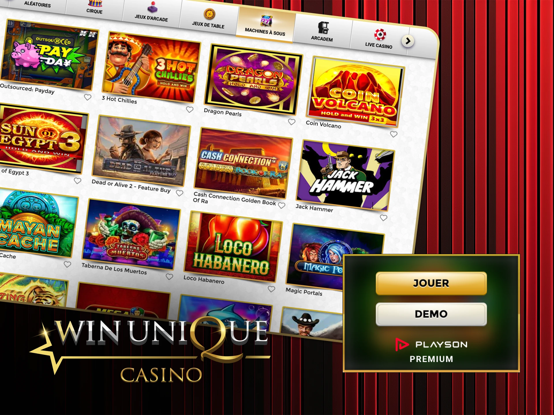 Essayez gratuitement les jeux de démonstration sur Win Unique Casino et pratiquez vos compétences.