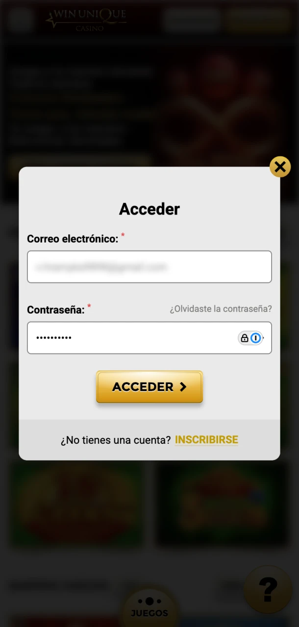 Inicie sesión en su cuenta de Win Unique Casino para recargar su saldo.