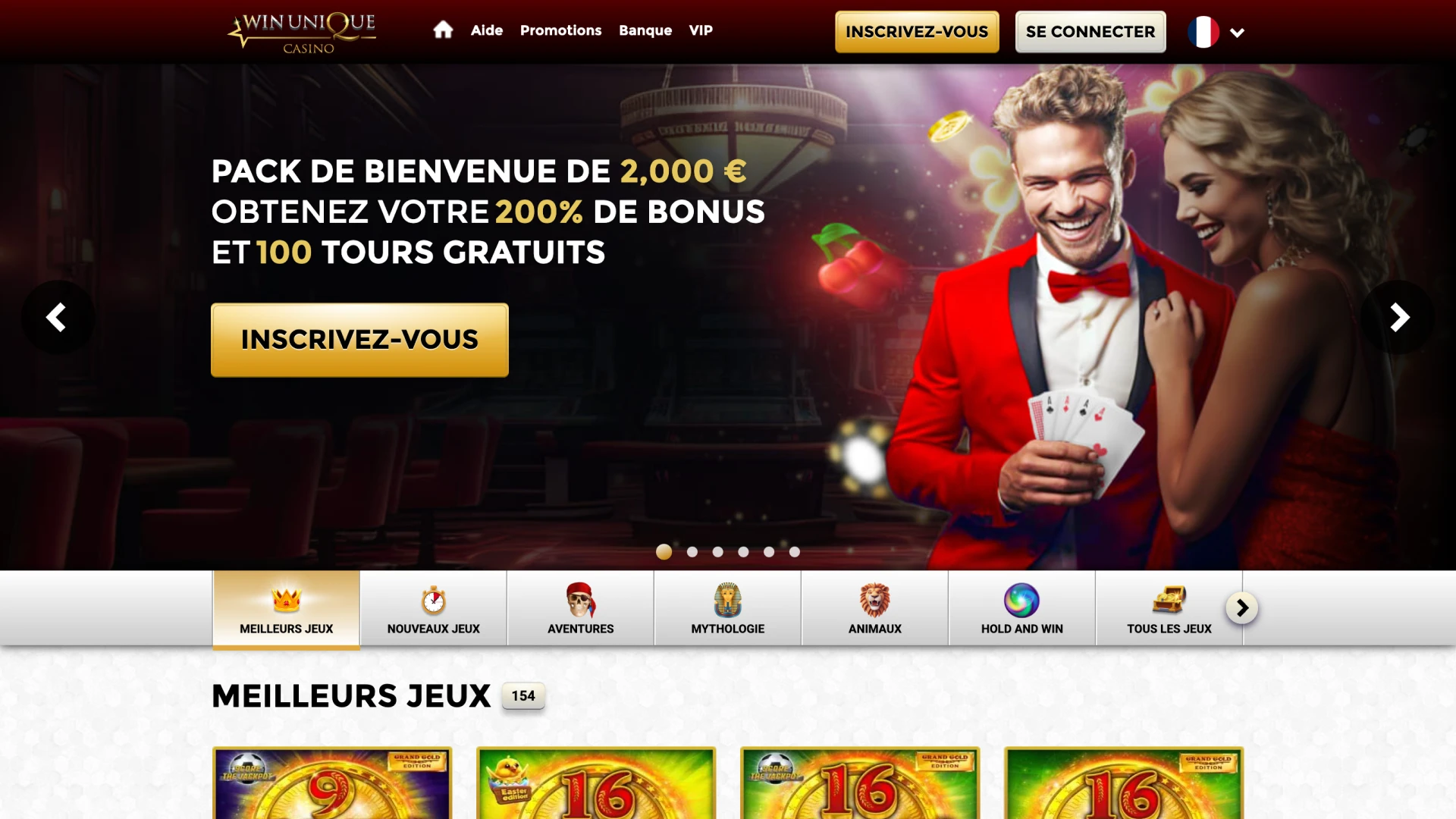 Explorez le menu et les jeux sur la page d'accueil du Win Unique Casino.