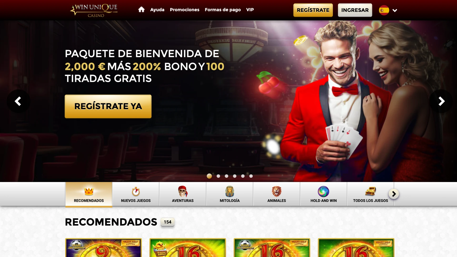 Explora el menú y los juegos en la página de inicio de Win Unique Casino.