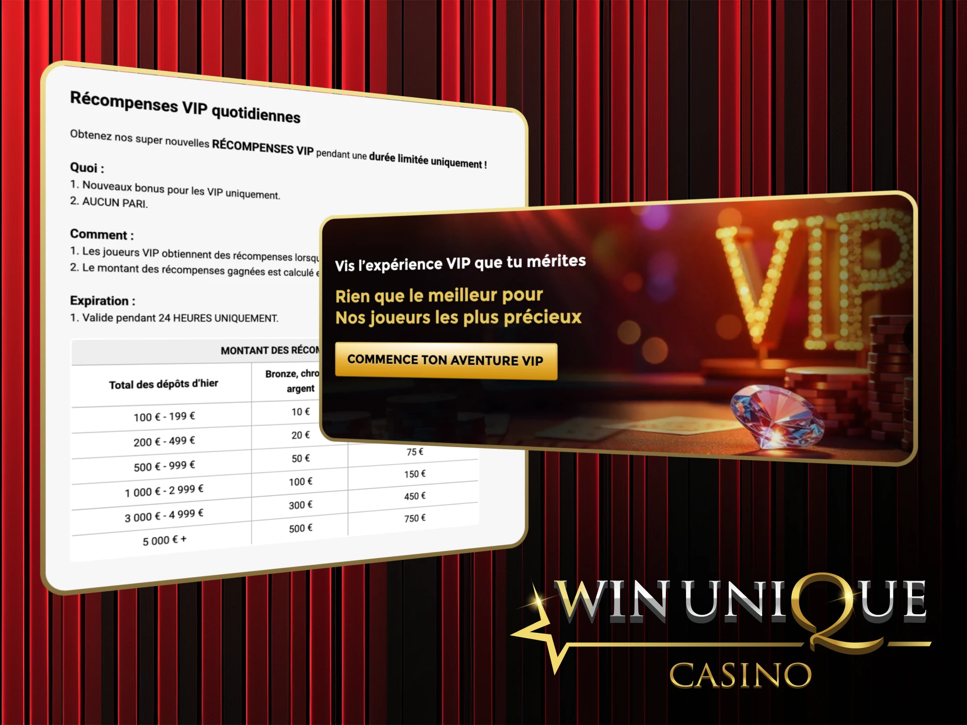 Débloquez des privilèges et des offres spéciaux en devenant VIP sur Win Unique Casino.